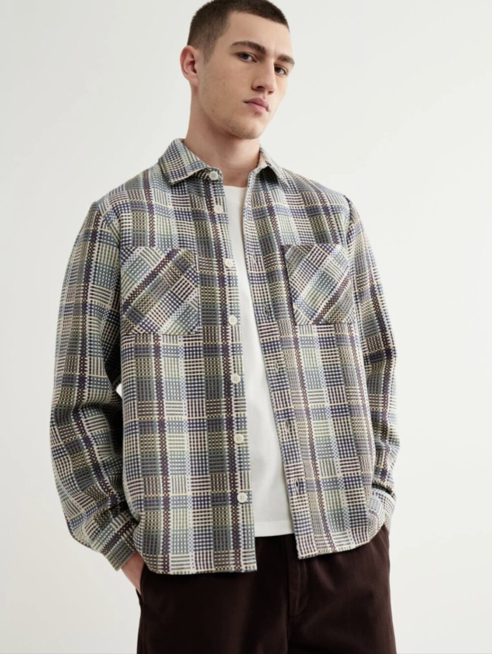 Wax London Whiting Plaid Overshirt Woven Shirt Basket Weave  Large